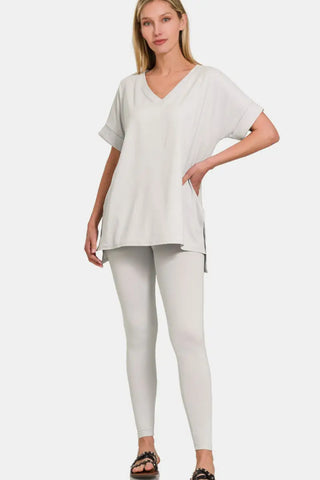 Lt Cement / S - Zenana V-Neck Rolled Short Sleeve T-Shirt and Leggings Lounge Set - Trendsi - Loungewear