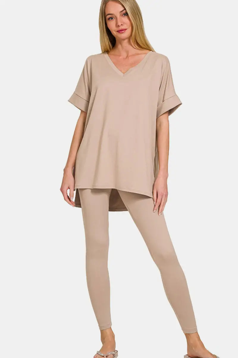 Lt Mocha / S - Zenana Full Size V-Neck Rolled Short Sleeve T-Shirt and Leggings Lounge Set - Trendsi - Loungewear