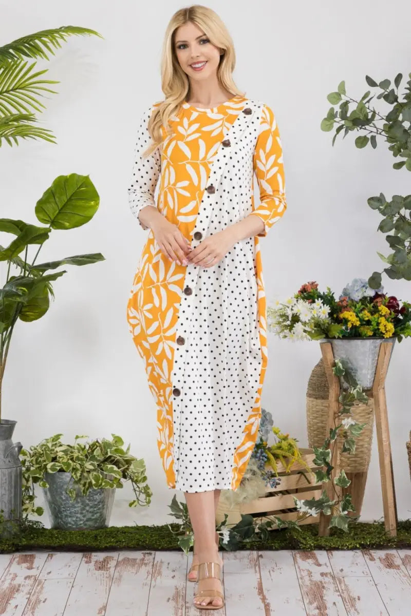 Mustard Polka / S - Full Size Floral Polka Dot Contrast Midi-Dress with Pockets - Dress - Celeste - Dresses