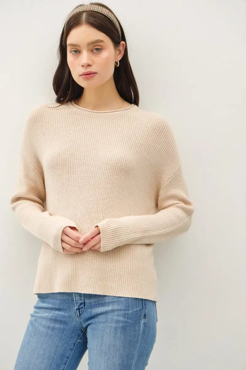 Oatmeal / S/M - Round Neck Long Sleeve Sweater - Sweater - Trendsi - Tops