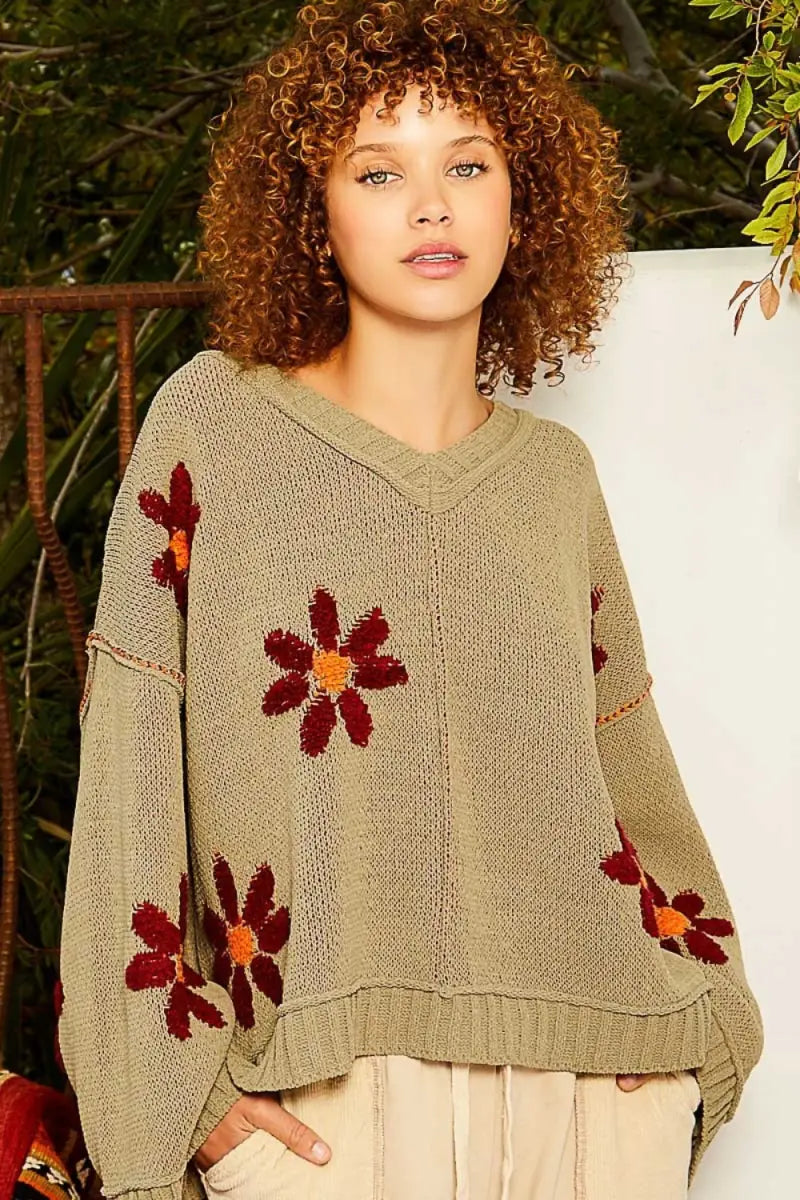 Olive / S - POL V-Neck Floral Pattern Chenille Sweater - Trendsi - Sweaters & Knitwear