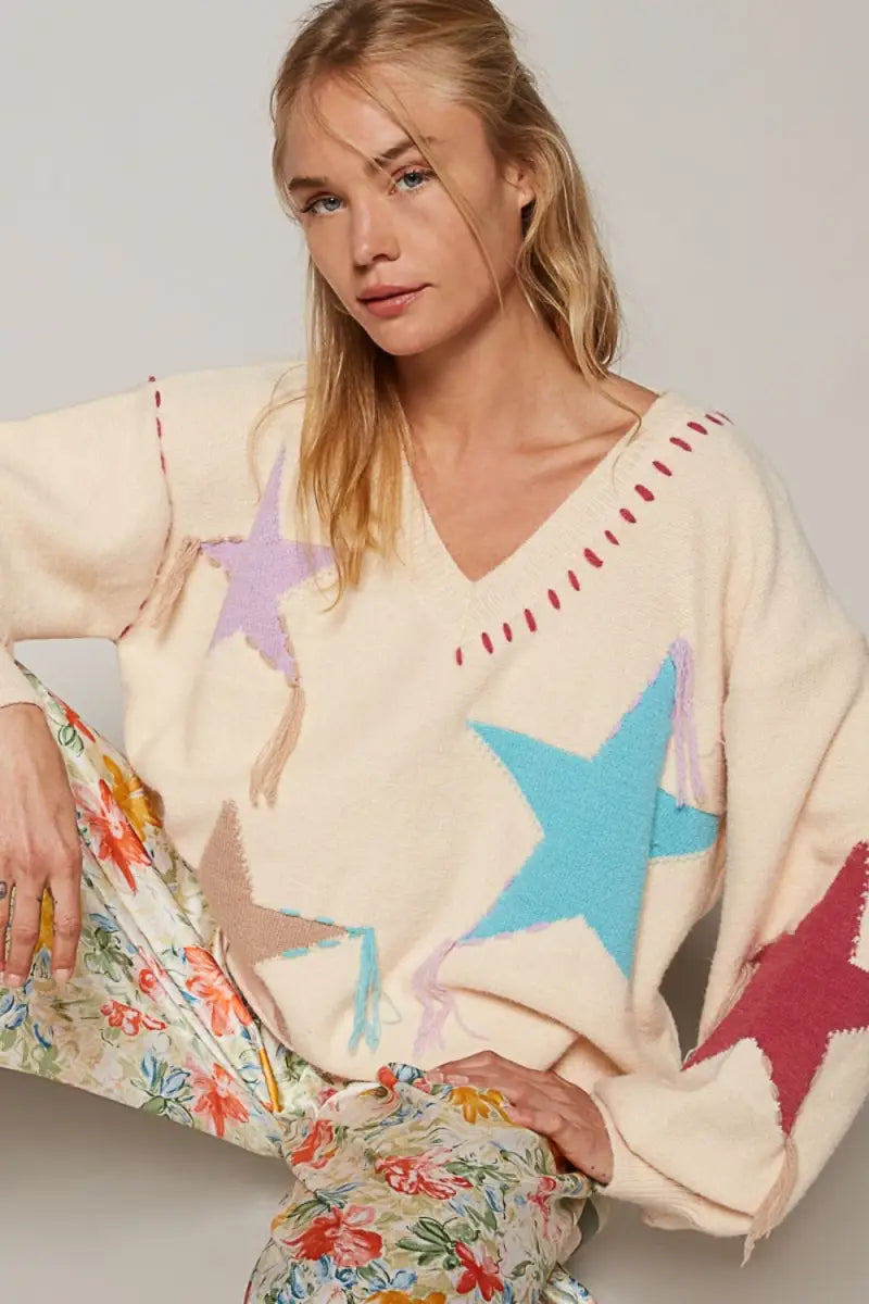 Pale Beige / S - POL V-Neck Long Sleeve Star Fringe Sweater - Trendsi - Sweaters & Knitwear