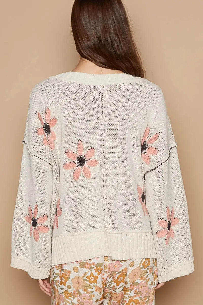 POL V-Neck Floral Pattern Chenille Sweater - Trendsi - Sweaters & Knitwear