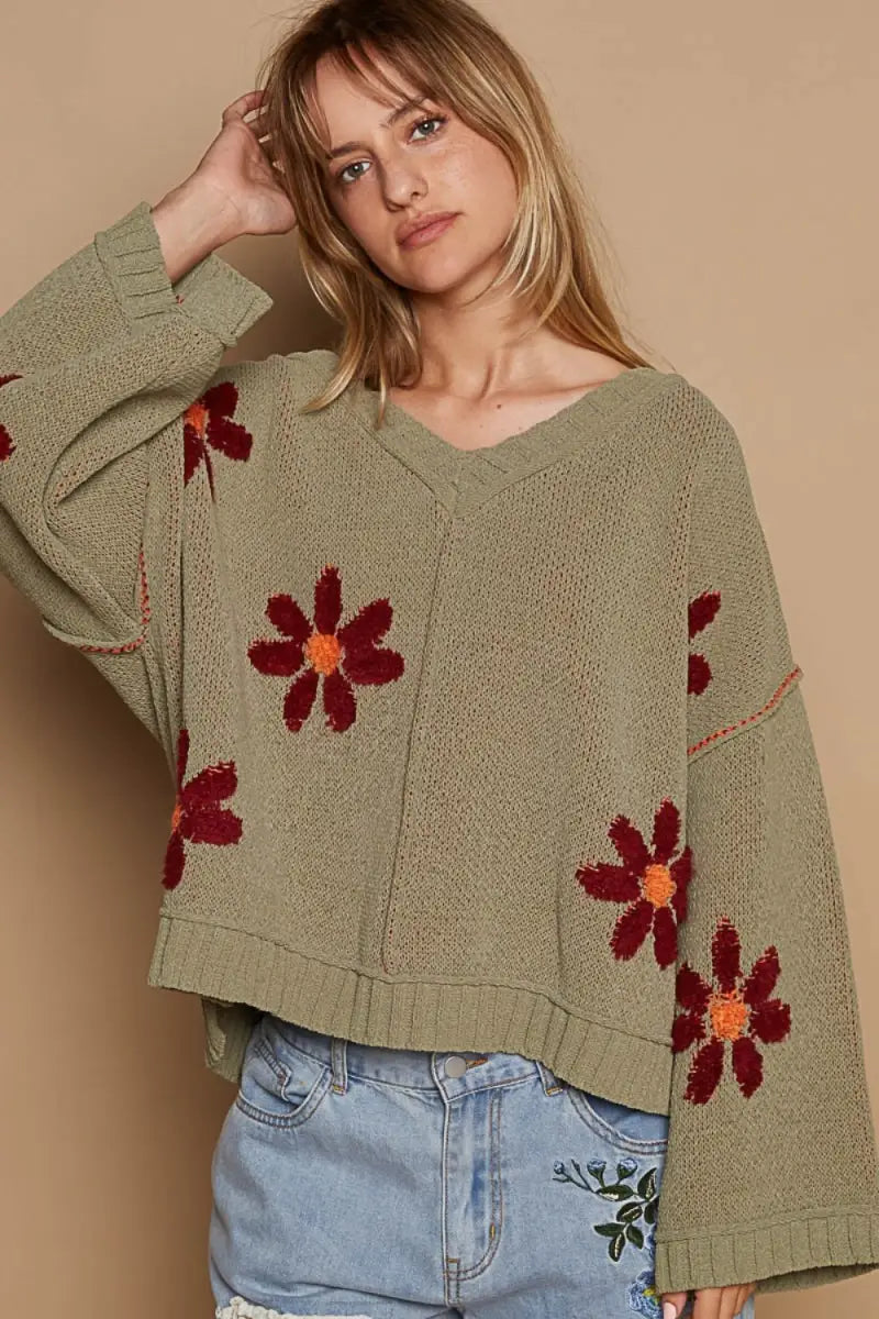 POL V-Neck Floral Pattern Chenille Sweater - Trendsi - Sweaters & Knitwear