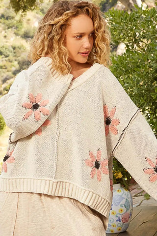 POL V-Neck Floral Pattern Chenille Sweater - Trendsi - Sweaters & Knitwear