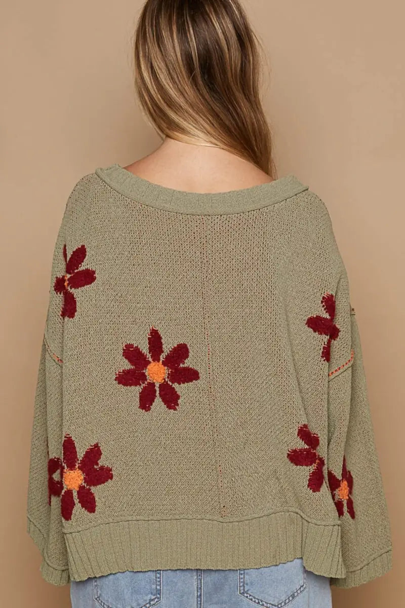 POL V-Neck Floral Pattern Chenille Sweater - Trendsi - Sweaters & Knitwear