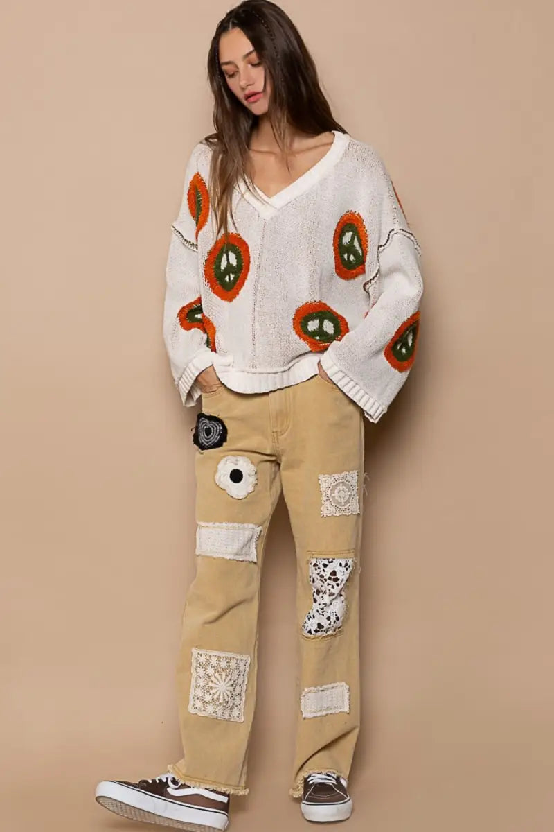 POL V Neck Long Sleeve Peace Pattern Sweater - Trendsi - Sweaters & Knitwear