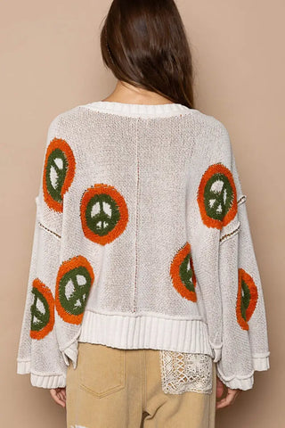 POL V Neck Long Sleeve Peace Pattern Sweater - Trendsi - Sweaters & Knitwear