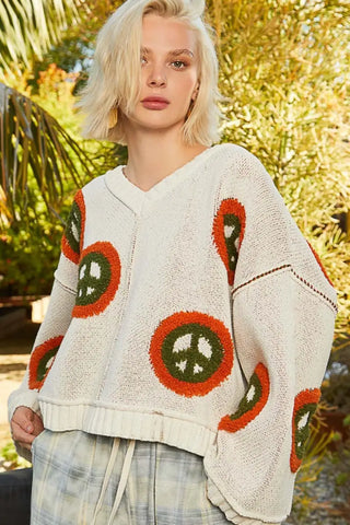 POL V Neck Long Sleeve Peace Pattern Sweater - Trendsi - Sweaters & Knitwear