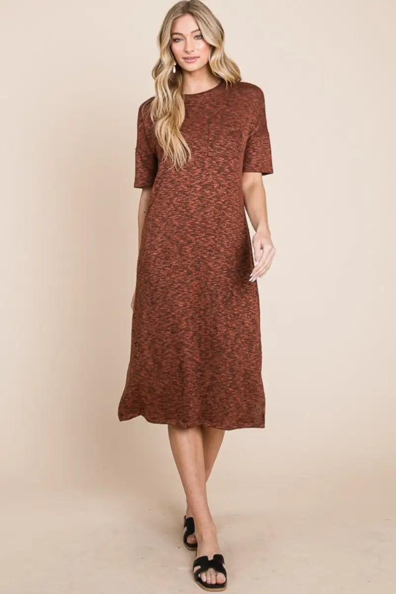 Rust / S - Round Neck Side Slit Midi Dress - Dress - BOMBOM - Dresses