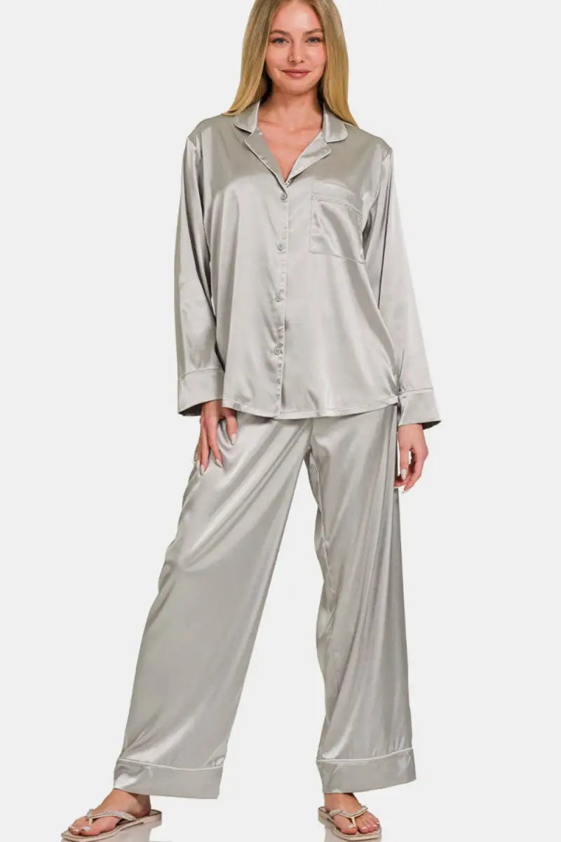 Silver / S - Zenana Satin Long Sleeve Shirt and Pants Pajama Set - Trendsi - Loungewear