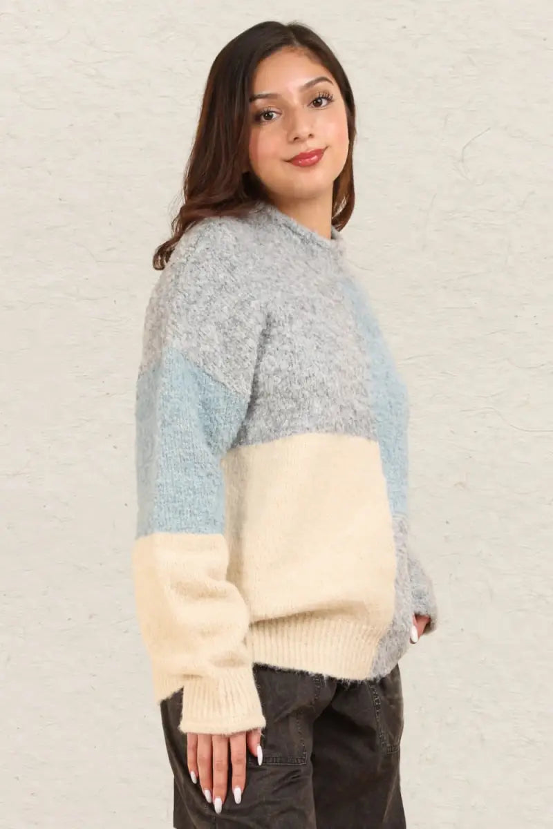 VERY J Color Block Mock Neck Drop Shoulder Sweater - Trendsi - Sweaters & Knitwear