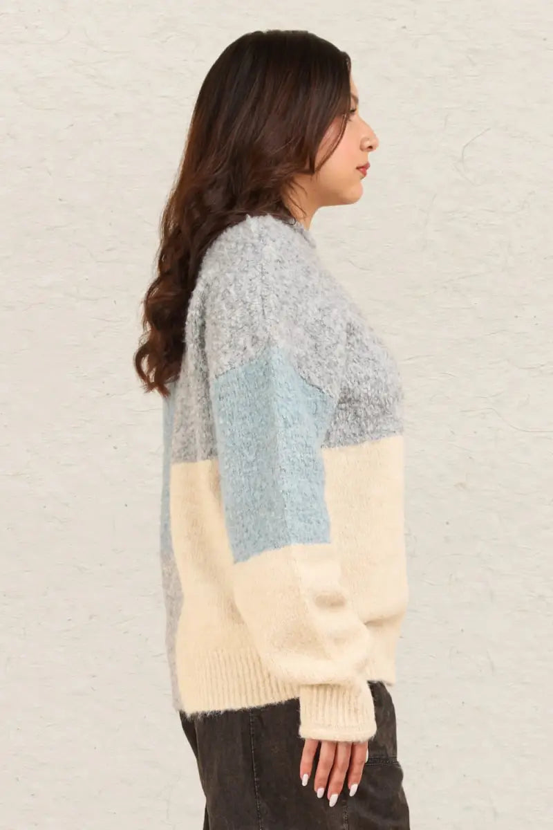 VERY J Color Block Mock Neck Drop Shoulder Sweater - Trendsi - Sweaters & Knitwear