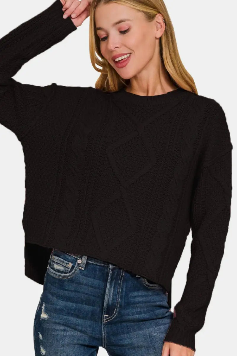 Zenana Cropped High Low Cable Sweater with Side Slits - Trendsi - Sweaters & Knitwear