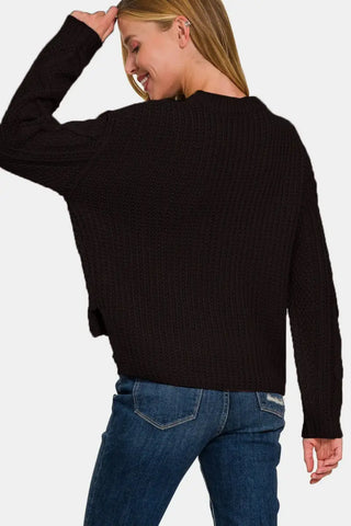 Zenana Cropped High Low Cable Sweater with Side Slits - Trendsi - Sweaters & Knitwear