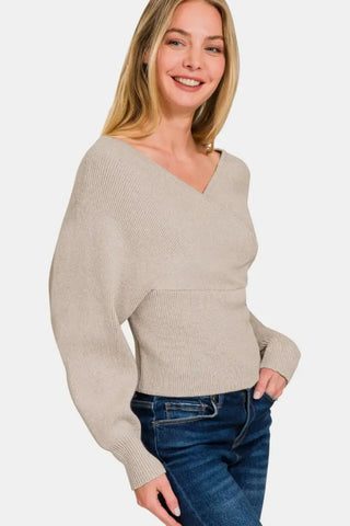 Zenana Cross Wrap Rib Long Sleeve Sweater - Trendsi - Sweaters & Knitwear