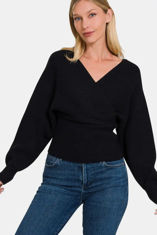 Zenana Cross Wrap Rib Long Sleeve Sweater - Trendsi - Sweaters & Knitwear