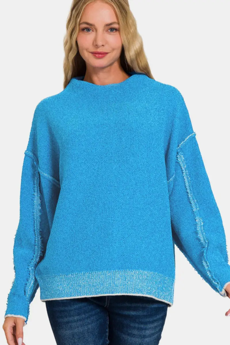 Zenana Exposed Seam Mock Neck Long Sleeve Sweater - Trendsi - Sweaters & Knitwear