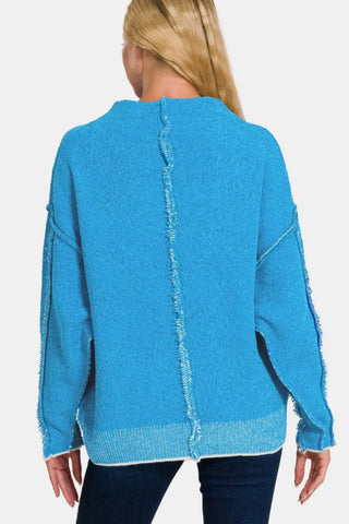 Zenana Exposed Seam Mock Neck Long Sleeve Sweater - Trendsi - Sweaters & Knitwear