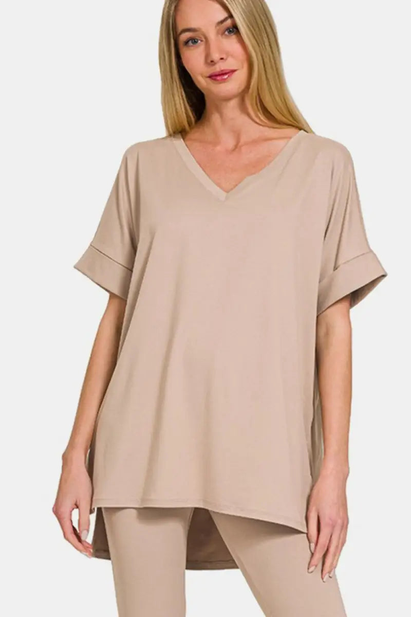 Zenana Full Size V-Neck Rolled Short Sleeve T-Shirt and Leggings Lounge Set - Trendsi - Loungewear