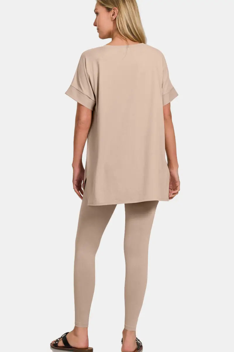 Zenana Full Size V-Neck Rolled Short Sleeve T-Shirt and Leggings Lounge Set - Trendsi - Loungewear