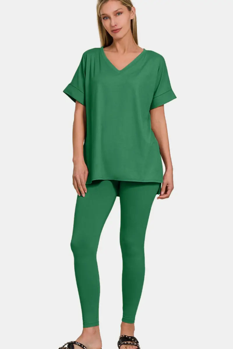 Zenana Full Size V-Neck Rolled Short Sleeve T-Shirt and Leggings Lounge Set - Trendsi - Loungewear