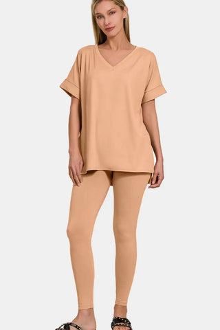 Zenana Full Size V-Neck Rolled Short Sleeve T-Shirt and Leggings Lounge Set - Trendsi - Loungewear