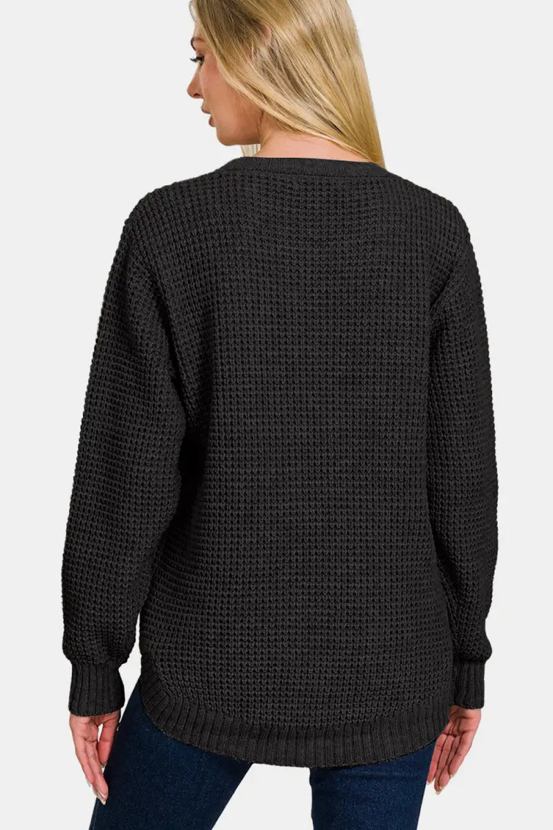 Zenana High Low Long Sleeve Waffle Sweater - Trendsi - Sweaters & Knitwear