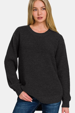 Zenana High Low Long Sleeve Waffle Sweater - Trendsi - Sweaters & Knitwear