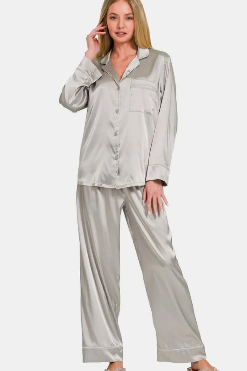 Zenana Satin Long Sleeve Shirt and Pants Pajama Set - Trendsi - Loungewear