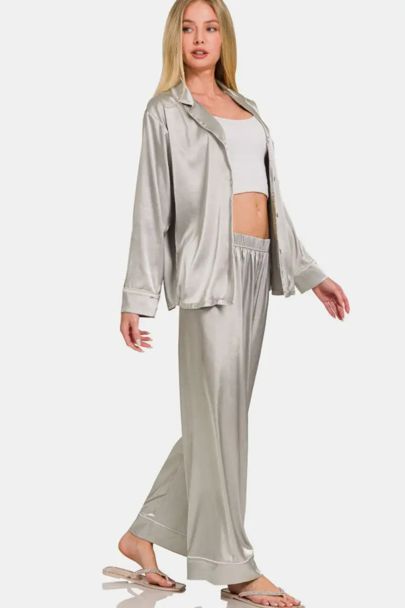 Zenana Satin Long Sleeve Shirt and Pants Pajama Set - Trendsi - Loungewear