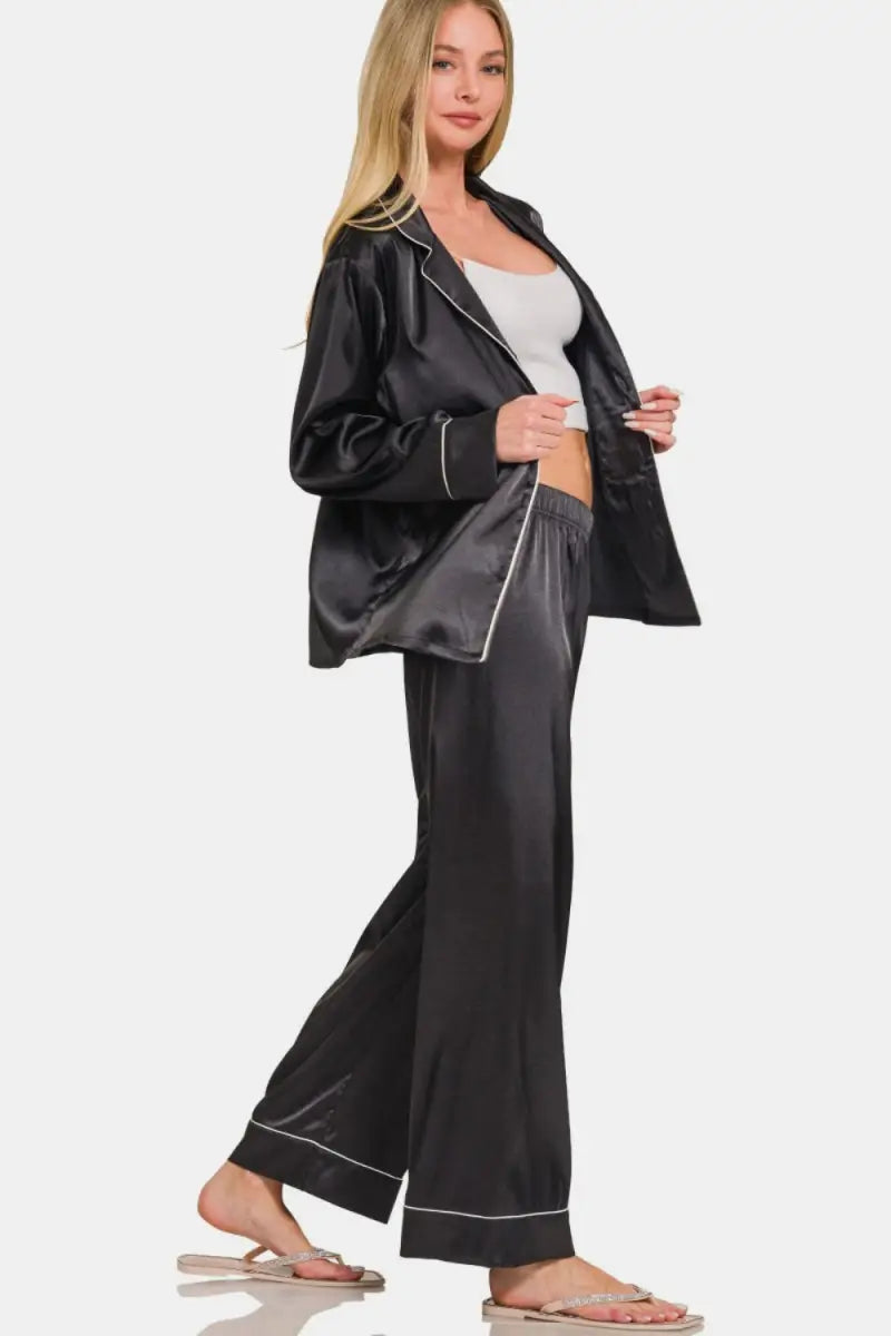 Zenana Satin Long Sleeve Shirt and Pants Pajama Set - Trendsi - Loungewear