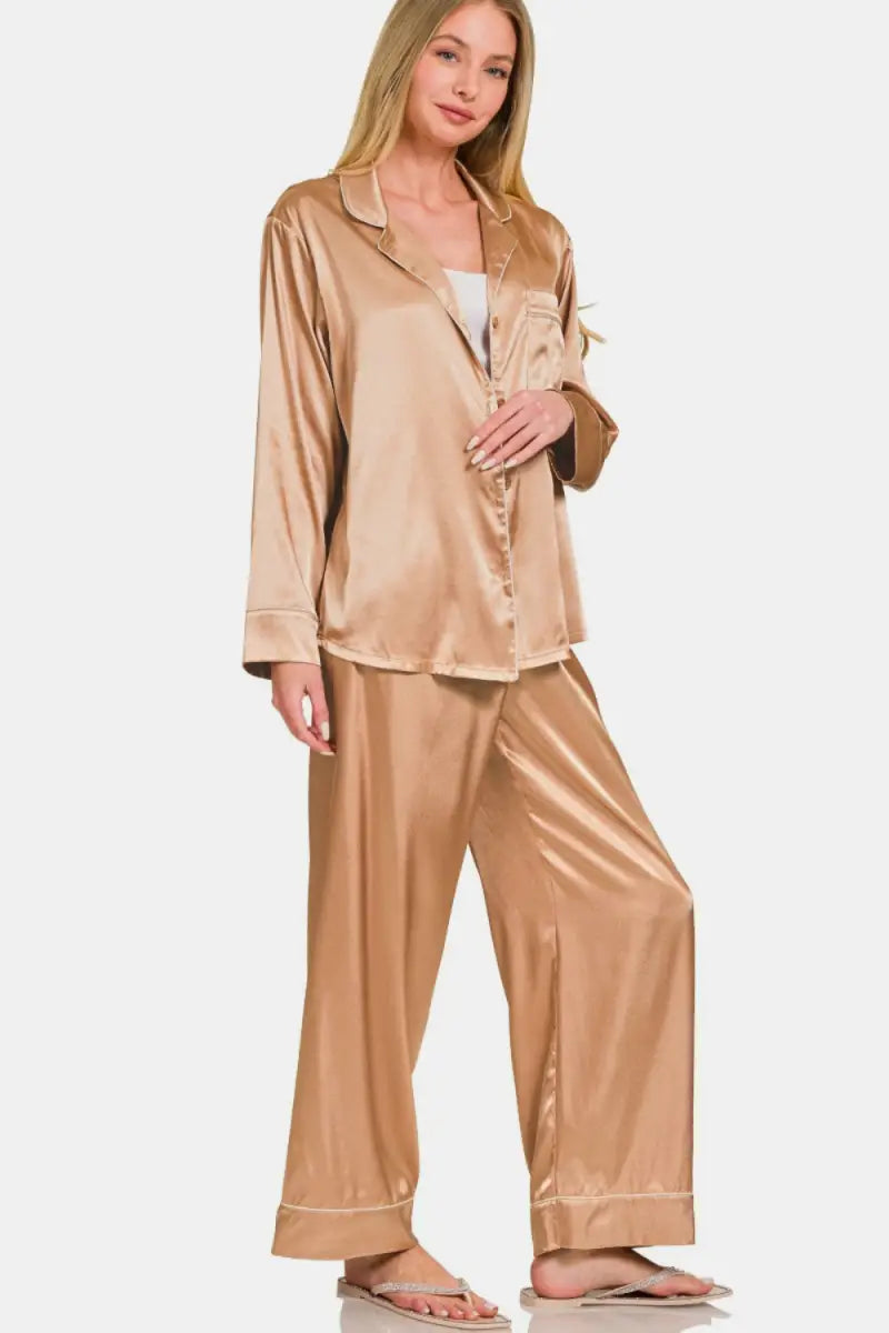 Zenana Satin Long Sleeve Shirt and Pants Pajama Set - Trendsi - Loungewear