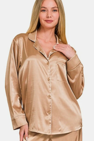 Zenana Satin Long Sleeve Shirt and Pants Pajama Set - Trendsi - Loungewear