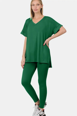 Zenana V-Neck Rolled Short Sleeve T-Shirt and Leggings Lounge Set - Trendsi - Loungewear