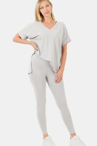 Zenana V-Neck Rolled Short Sleeve T-Shirt and Leggings Lounge Set - Trendsi - Loungewear