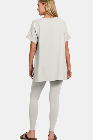 Zenana V-Neck Rolled Short Sleeve T-Shirt and Leggings Lounge Set - Trendsi - Loungewear