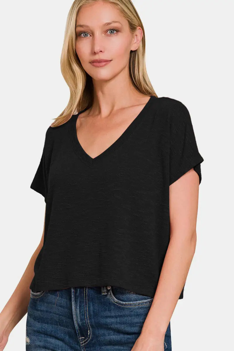 Zenana V-Neck Short Sleeve Crop T-Shirt - T-Shirt - Trendsi - Tops