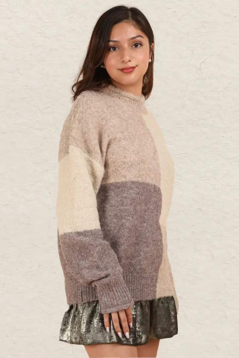 Color Block Mock Neck Drop Shoulder Sweater - Sweater - VERY J - Winter Collection