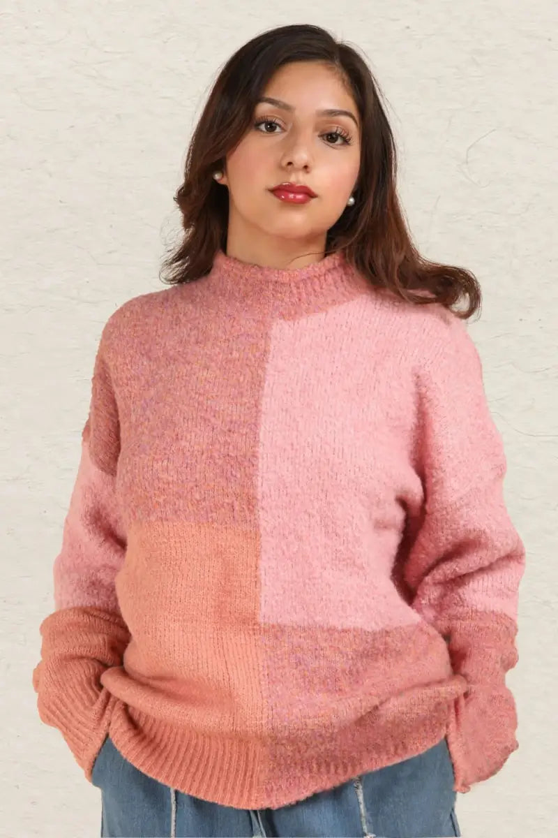 Pink / S - Color Block Mock Neck Drop Shoulder Sweater - Sweater - VERY J - Sweaters & Knitwear