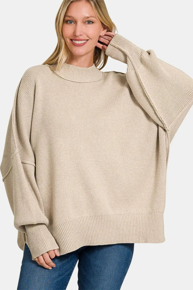 Beige / S/M - Side Sit Oversize Sweater - Sweater - Zenana - Winter Collection