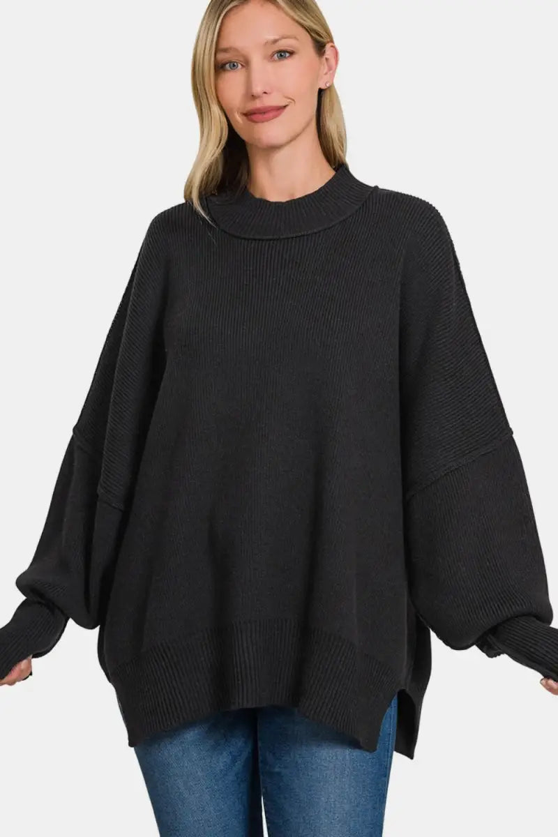 Black / S/M - Side Slit Oversize Sweater - Sweater - Zenana - Winter Collection