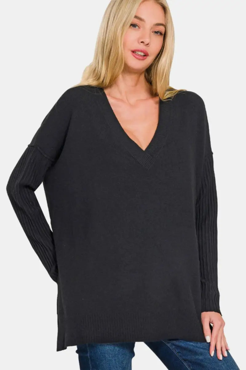 Black / S/M - V-Neck Side Slit High-Low Sweater - Sweater - Zenana - Winter Collection