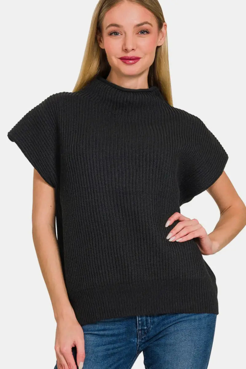 Black / S - Short Sleeve Mock Neck Sweater - Sweater - Zenana - Winter Collection