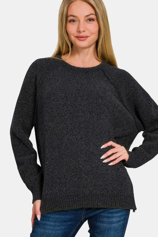 Black / S - Side Slit Raglan Sleeve Sweater - Sweater - Zenana - Winter Collection