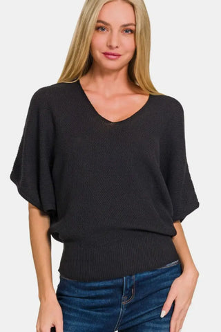 Black / S - V-Neck Short Sleeve Dolman Sweater - Sweater - Zenana - Winter Collection