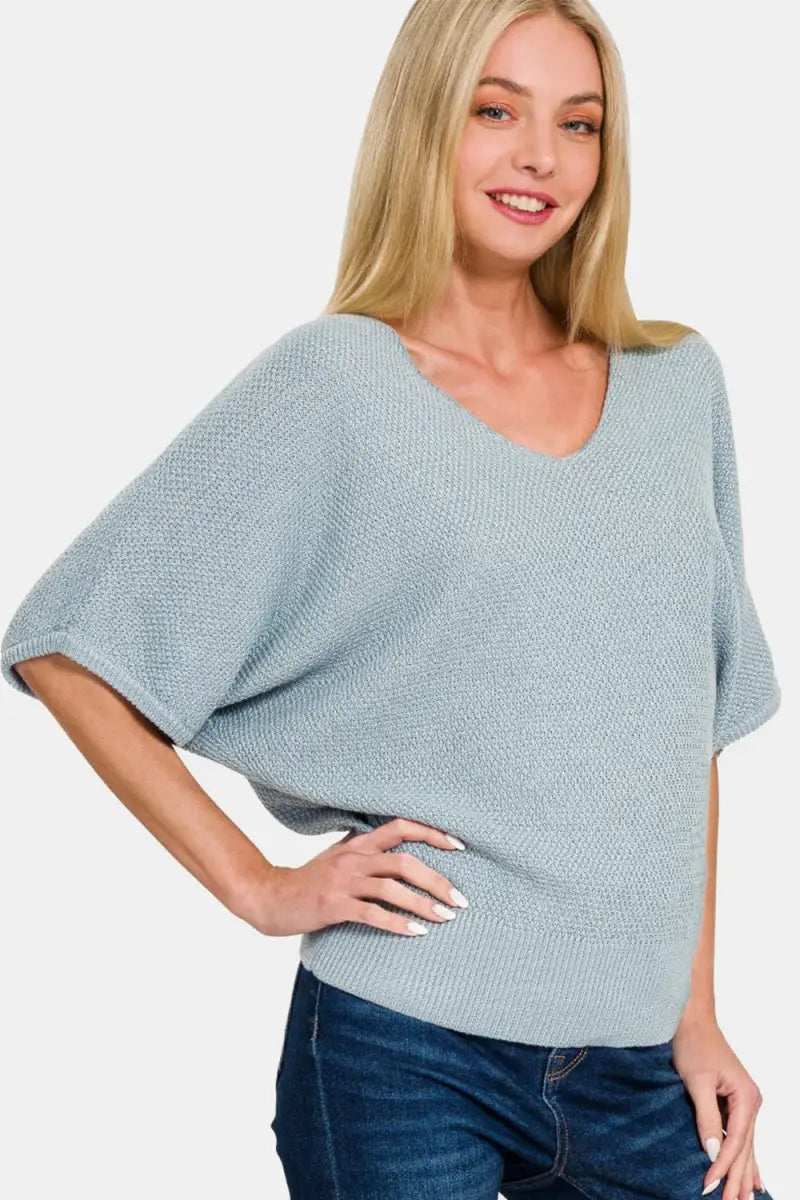 Blue Gray / S - V-Neck Short Sleeve Dolman Sweater - Sweater - Zenana - Winter Collection