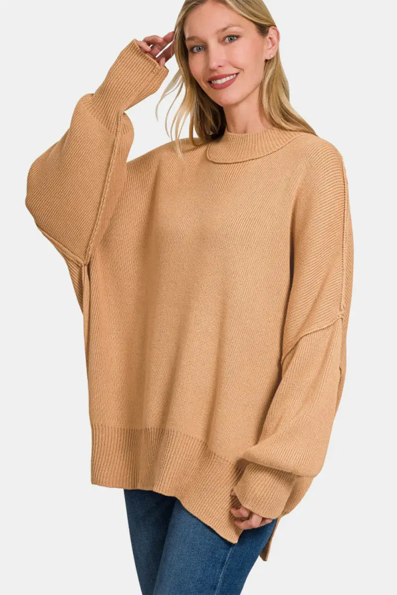 Bronze / S/M - Side Sit Oversize Sweater - Sweater - Zenana - Winter Collection