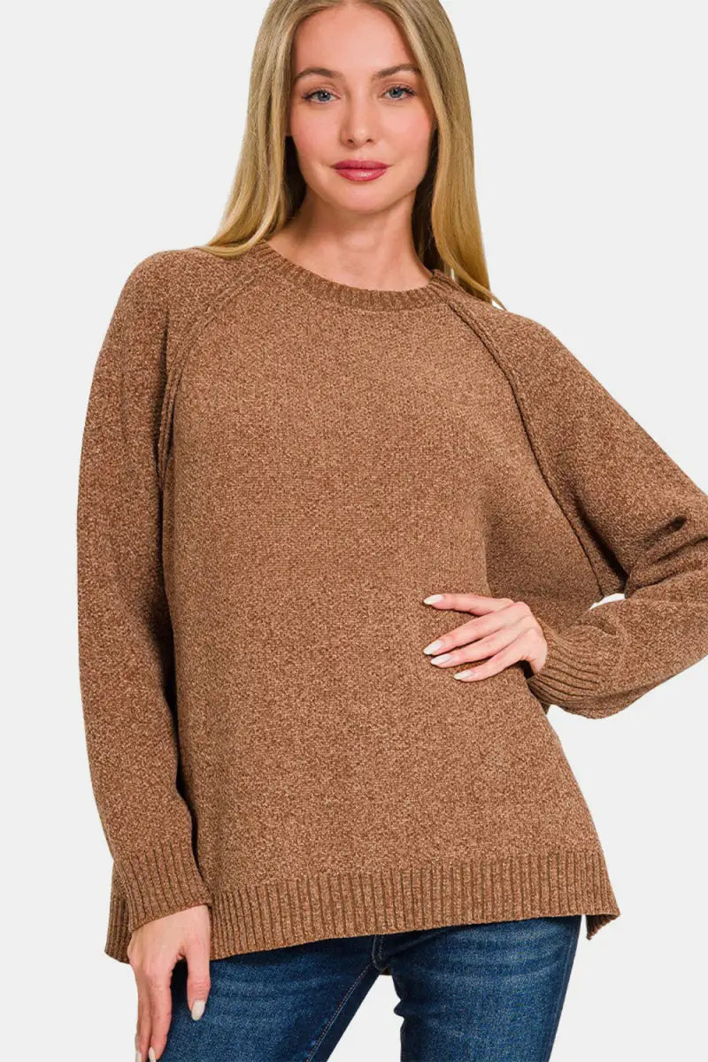 Deep Camel / S - Side Slit Raglan Sleeve Sweater - Sweater - Zenana - Winter Collection