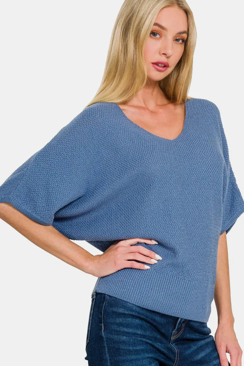 Dusty Blue / S - V-Neck Short Sleeve Dolman Sweater - Sweater - Zenana - Winter Collection